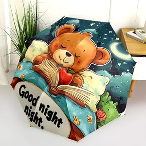 1 PC Automatic Folding Umbrella - Good Night Bear Reading Apple Moon Stars Pattern, Portable & Foldable Design with 8 Ribs, Merry Christmas Pattern,Casual Outdoor Accessory Halloween and Christmas Birthday Gifts. D0088