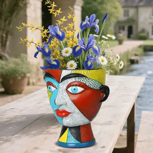 Picasso-Inspired Resin Vase 6.8 inches Modern Abstract Art Decoration for Indoor & Outdoor Use with Drainage Holes Lightweight Non-Fragile 3D Decorative Plant Container for Offices Cafés and Home Decor