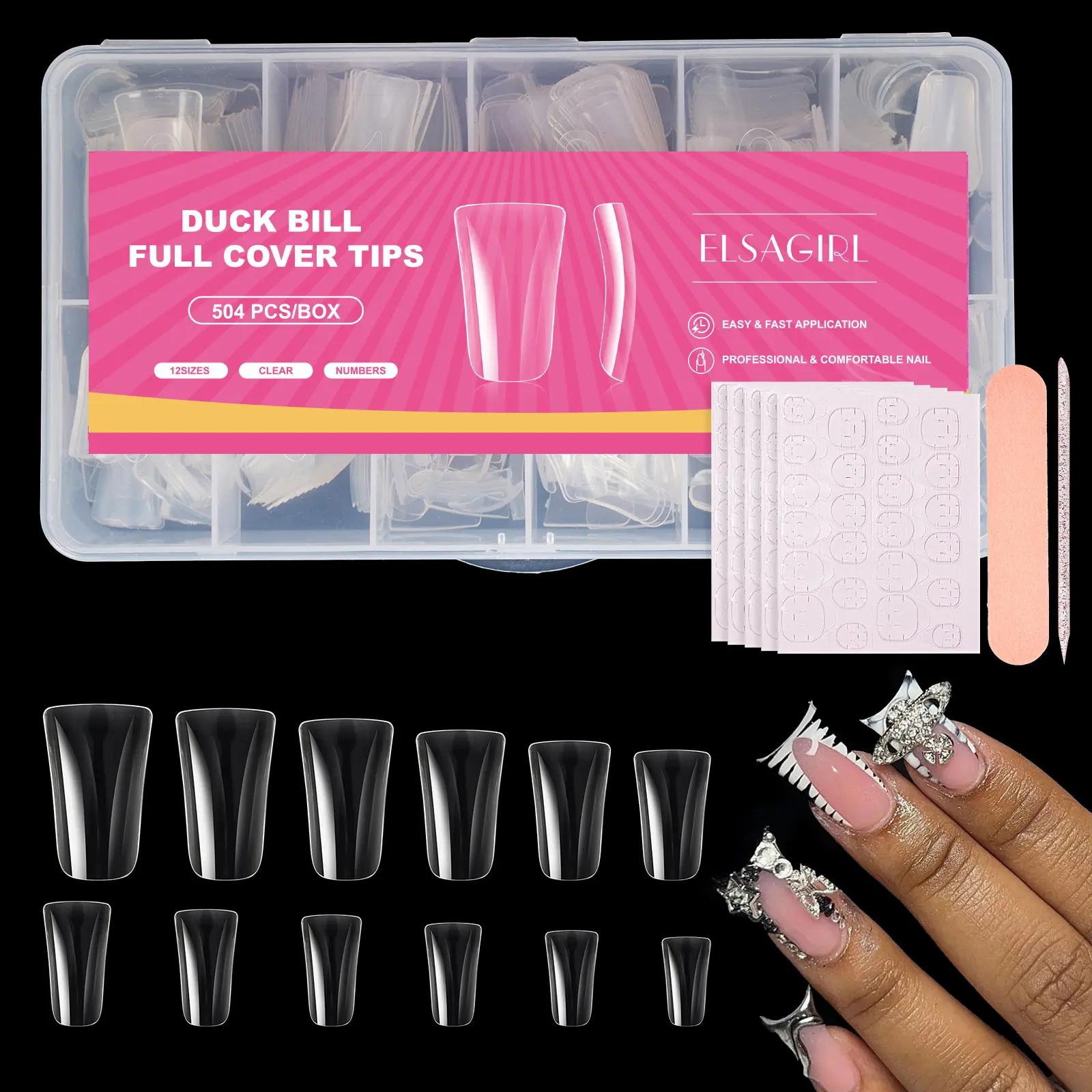 ELSAGIRL 504pcs Clear Medium Duck Nail Tips, Salon Quality Art Decoration False Nail Tips, Soft Gel Full Cover Extensions for Professional Acrylic Use, Y2K Press-Ons for Party, Halloween, Salon Quality Nails