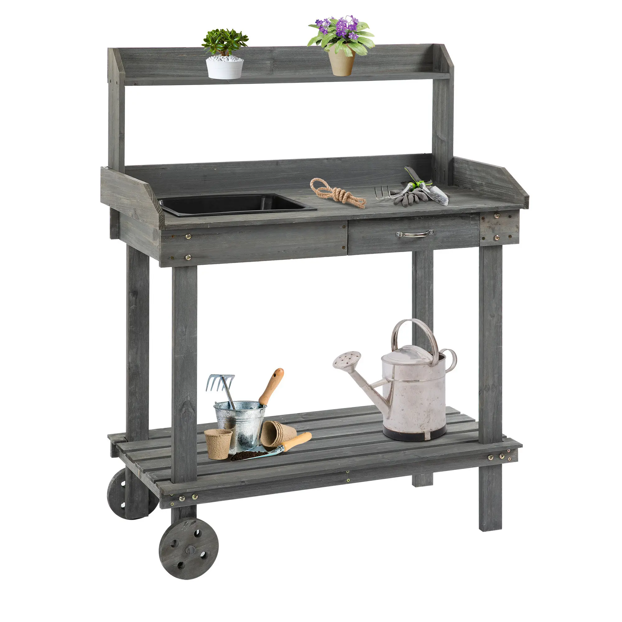 36-in Gray Wooden Potting Bench Work Table - Outdoor Furniture with 2 Removable Wheels, Sink, Drawer, Spacious Storage, Outdoor Shelves