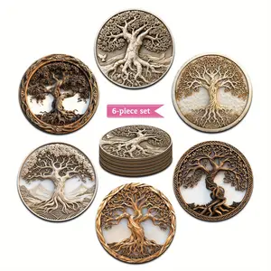 6pcs wooden tree of life pattern coasters set, imitation wood carving style printing, perfect home table decoration coasters, Christmas party gathering decorations