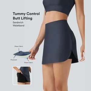 High Waisted Tummy Control Butt Lifting Curved Hem 2-in-1 Sheen Yoga Skirt with Pockets