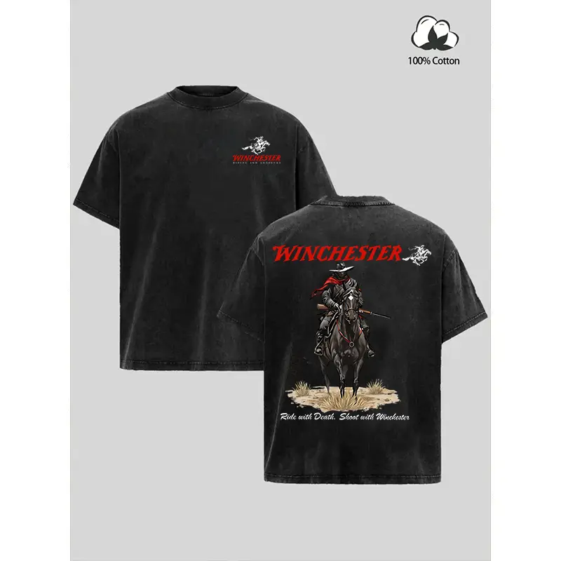 Unisex 180g 100% Cotton Regular Crew Neck Short-Sleeve Loose-Fitting Slight Stretch Cold Wash Casual T-Shirt - Retro Cowboy Graphic Western Riding Top, Gun Enthusiasts' Gear, Vintage Wild West Rifle Art Premium American Gift