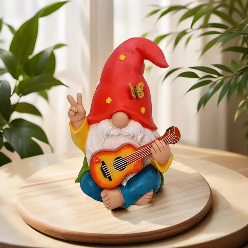 Whimsical Hippie Guitar Gnome Statue, Colorful Resin Garden Gnomes Dwarf for Outdoor & Home Decor, Exterior Decorative Statues, Perfect for Yard and Balcony, Garden Sculptures Statues, Statue Decorations