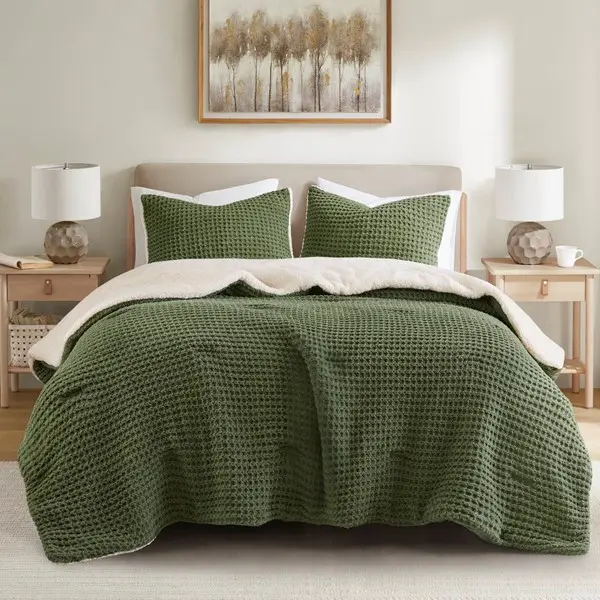 Waffle Knit Comforter Set - Ultra Soft Fluffy Chenille Bedding with Plush Sherpa Back Cozy Warm for Winter Oeko Tex Certified Green Multi Color