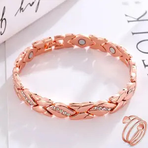 Women's Leaf Bracelet Ring Set, Pure Copper Diamond Magnetic Bracelet, 3500 Gauss Effective Magnet, Outdoor Fun