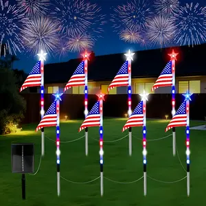 4th of July Decorations Outdoor American Flag Lights, 8-Pack Red White and Blue Star Solar Lights with 8 Modes & 56 LEDs, Waterproof Patriotic Pathway Lights for Independence, Memorial Day Yard Path