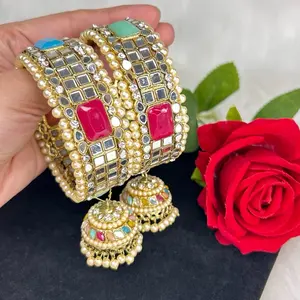 Multi Gold Mirror Pearls Work Jhumki Bangles Set Jewelry Design Elegant Design