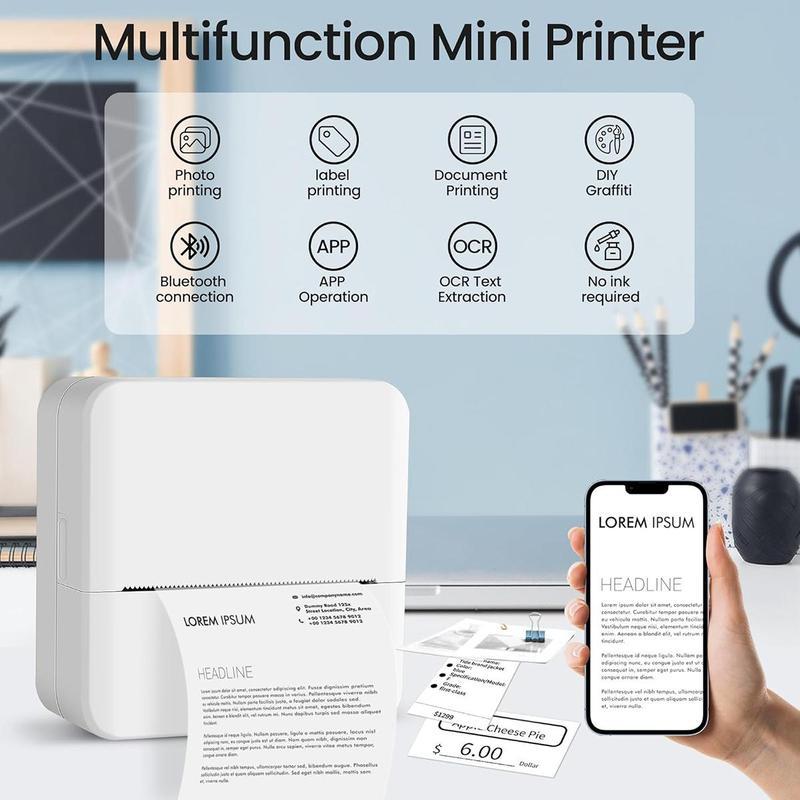 Portable Mini Printer, 1 Count USB Rechargeable Bluetooth-compatible Thermal Printer with 5 Rolls Paper, Compatible with iOS & Android, Office Supplies