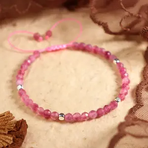 Handmade Natural Pink Tourmaline Beaded Dainty Crystal Handcraft Gemstone Healing Reiki Crystal Women Minimalist Lucky Bracelet