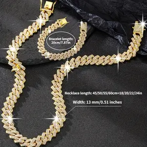 AAA+Rhinestones Cuban Link Necklace and Bracelet Set - Unisex Punk Style, Y2K Hip Hop Jewelry