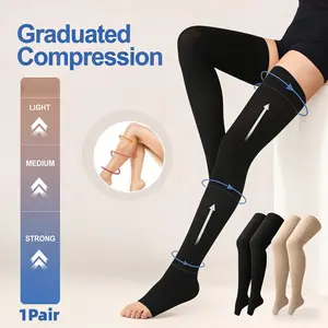 1Pair Women 20-30mmhg Solid Color High Compression Socks, Soft Professional Over Knee Socks, Black Multi-functional Bed Socks, Toe-less Socks, Washable Comfortable Socks, Gift For Spring/Summer, Anniversary.