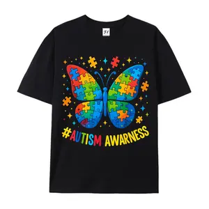 Autism Awareness Butterfly Puzzle T Shirt Colorful Puzzle Pieces & Stars Design Casual Round Neck Tee, Unisex Regular Fit Adult Apparel