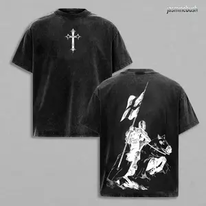 Menswear Classic Plain Seamless Crusader Soldier of God Holy Knight Double-Printed Unisex Oversize Lightweight Cotton T-Shirt - Washed, Jesus is King, God is Good, Christian Faith-Based Tops