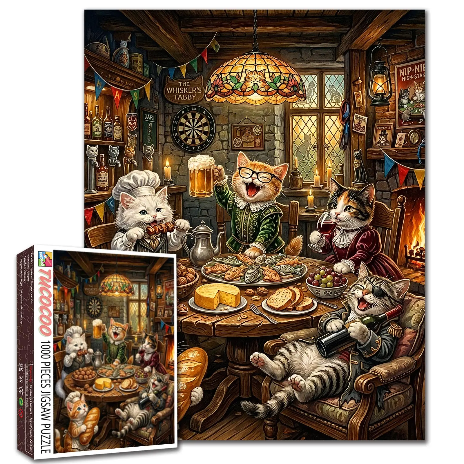 Tucocoo Funny Cats Tavern Feast 1000 Pieces Jigsaw Puzzle, vintage pub scene with cats drinking beer eating bread and cheese, relaxing family game stress relief brain training challenging fun wall decor gift for adults seniors, 27.5x20inch(70x50cm)