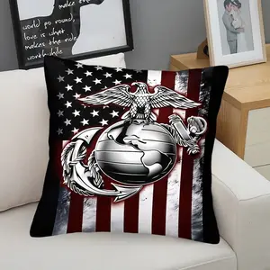 Stylized Military Graphic Throw Pillow featuring a Distressed Flag Design with Eagle, Globe, and Anchor Emblem, 45cm Square Decorative Pillow with Digital Print with Inner Cushion, for Sofa & Bedding, Adds a Patriotic Touch to Your Space