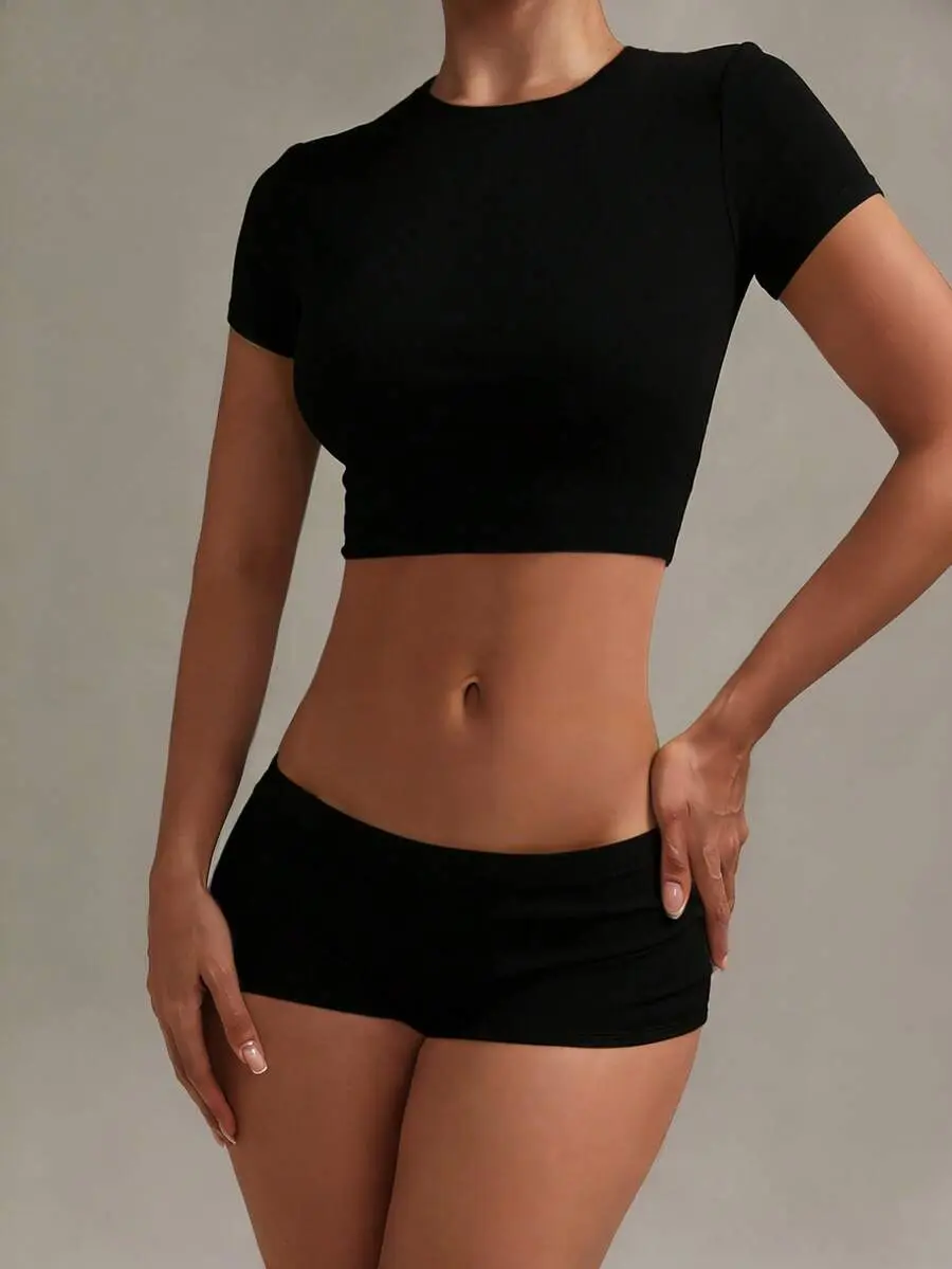 OFFGIRD x XLLAIS  Women's Fitted Short Sleeve Crew Neck Sports T-Shirt, Cooling & Warm Layering, Cute Summer Top Casual Black