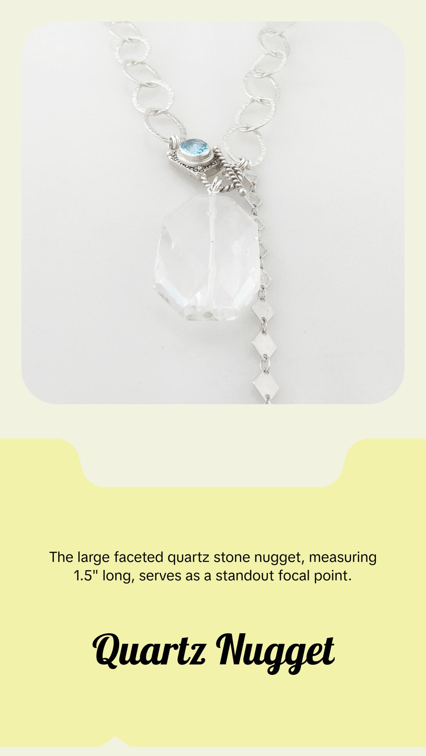 Sterling silver chain, faceted light blue aquamarine stone toggle clasp, quartz stone long boho bohemian statement necklace