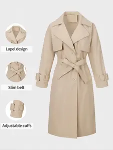 Women's Plus Size Casual Long Windbreaker Jacket, Spring & Fall Warm Coat with Belted Waist, All-Season Woven Fabric Outerwear