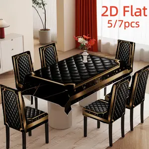 5/7pcs Black & Gold Tablecloth & Dining Chair Cover Set Retro luxury combo for home, indoor/outdoor, hotel decor. Durable fabric, easy-install chair covers, all-season celebration decor.