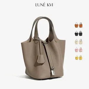 LUNÉ KVI Silver Lock design Clasp TC Top-Grain Cowhide Leather Versatile Tote Bag for Women Fashionable Grain Leather Bucket Bag Casual Picotin Lock color bucket bag Basket Bag Crossbody Handbag