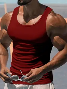 Men's Gym Essential Round Neck Vest, Casual Sporty Fashion Vest, High Elasticity Quick-Dry Breathable Vest, Youth Versatile Loose Fit Trendy Vest, Solid Sports Vest