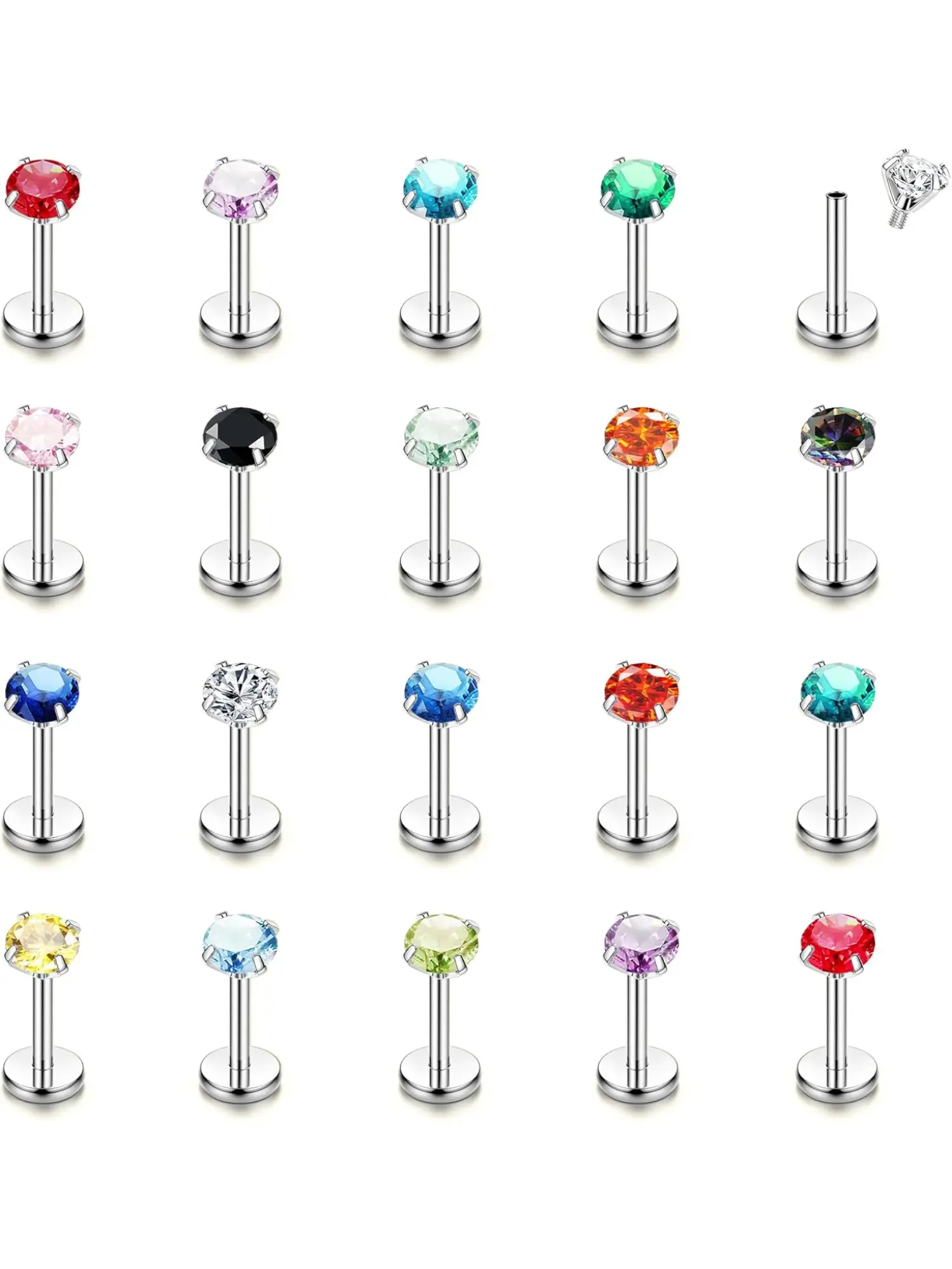 20Pcs 16G Surgical Steel Labret Piercing with Zircon 3MM Lip Labret Studs Piercing Tragus Helix Cartilage Ear Piercing for Women Men Silver Gold Vertical Labret 6/8/10mm Body Piercing Jewelry Body Piercings Set
