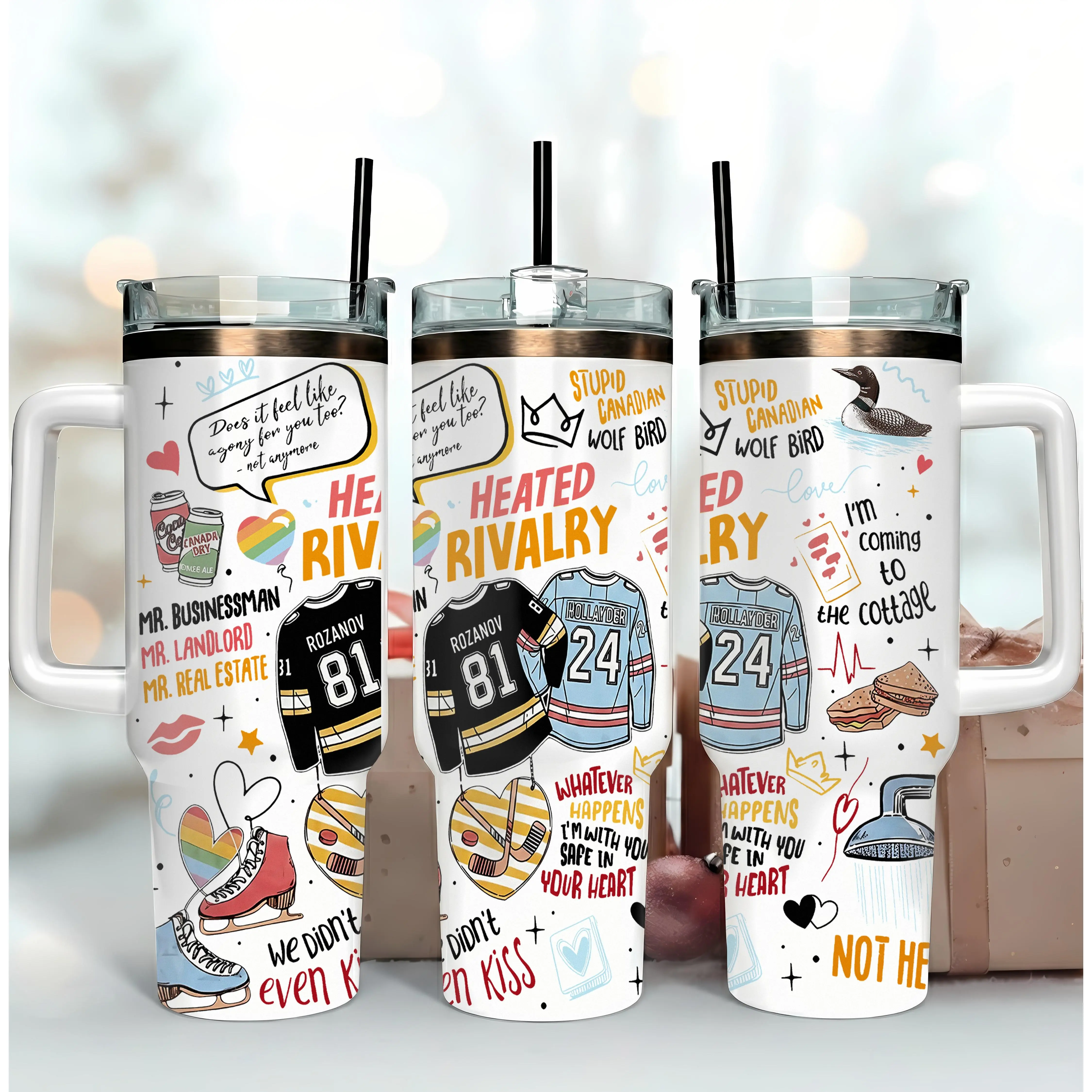 Hollanov 40oz Portable Insulation Stainless Steel-Silicone Vacuum Tumbler - Wide Mouth Novelty Hockey Theme Flask, Heated Rivalry Book Fan Design, Perfect Gift Choice Drinkware for Hockey Romance Enthusiasts, Lid