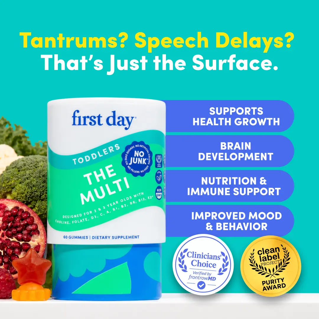 First Day Toddler Multivitamin Gummies Ages 2-3, Natural Strawberry Orange Flavor — 21 Organic Superfoods, 10 Key Nutrients, Vitamin C D3 B12 Choline — Immunity, Brain Development, Energy, Eye Health — 30-Day Supply, Vegan, Non-GMO, No Junk