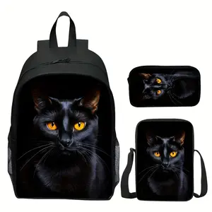 Fashionable Digital Print Animal Pet Cat Backpack Three-Piece Set Unisex Youth Backpack