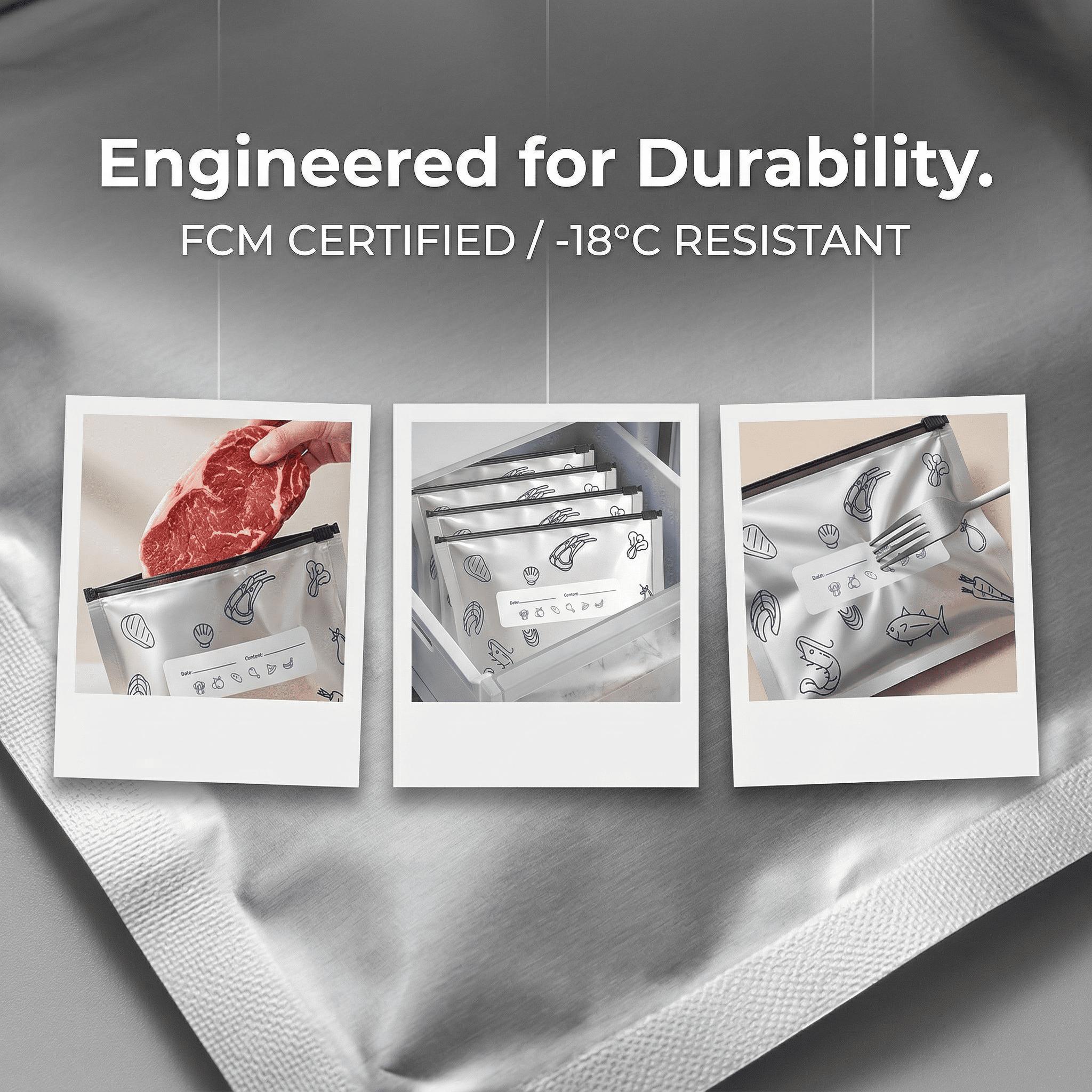 Aluminum Foil Reusable Freezer Bags, Food Grade Leak Proof Ziplock Food Storage Bags with Write-on Label, FCM Certified BPA Free Freezer Safe Bags for Meat Seafood Meal Prep Refrigerator Organization Picnic Travel