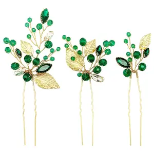 Wedding Hair Pins  Green Rhinestone  Leaf Vine Bridal Hair  Accessories for Party Women Girls (Pack of 3) ( Green)