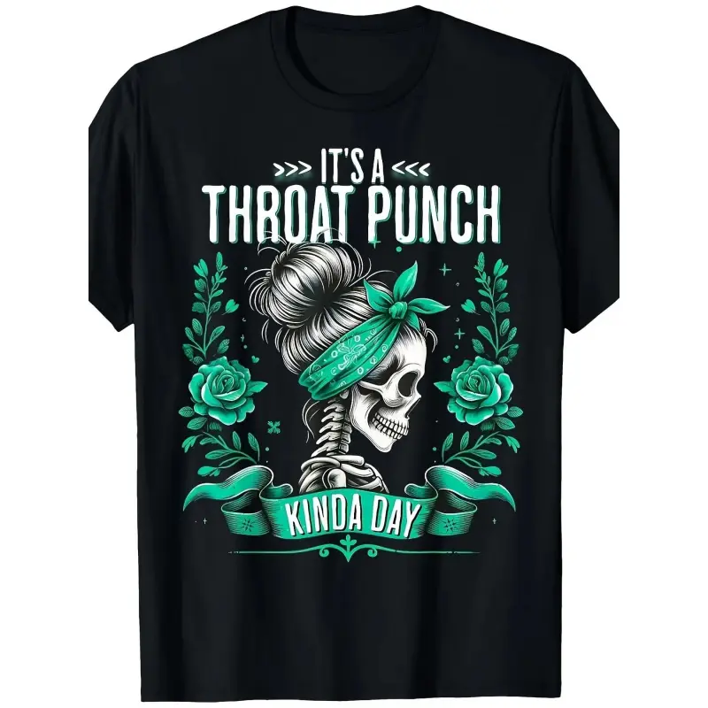 100% Cotton Men’s Short-Sleeve Round Neck Skull & Roses Graphic Menswear Sports Top - Edgy Casual Tee with "It's a Throat Punch Kinda Day" Print, Teal Bandana Design
