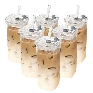1/4/6 Counts Drinking Cup, High Borosilicate Thin Glass Rectangular Heat-resistant Glass Mug with Lid and Straw, Versatile for Hot Or Cold Beverages, Drinkware, Durable Glass Cup, Set