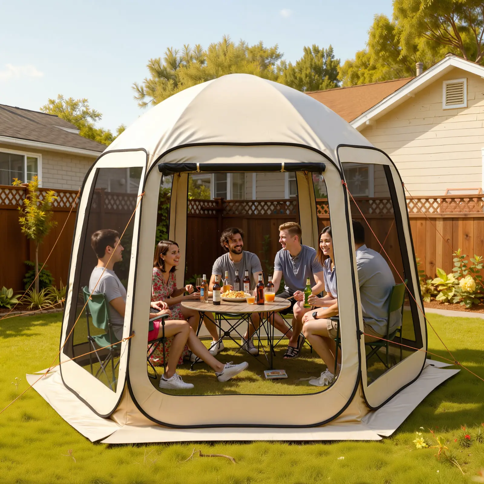 Beige Portable Mosquito Net Tent - 10x9.2ft, 4-8 People Capacity, Mesh Edges, Carrying Bag, Ground Stakes, Moisture-Proof, Wear-Resistant, Windproof - Ideal for Gardens, Outdoor Activities (Sports & Outdoor, Camping & Hiking, Tents & Accessories), Garden,
