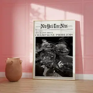 Preppy Newspaper Print Poster, Champagne Poster, Wall Art Print Trendy, Happy Hour Art Print, Aesthetic Girly Room Decor, Retro Apartment Wall Art
