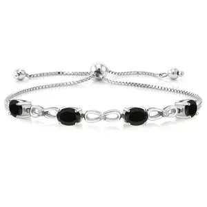 Gem Stone King 925 Sterling Silver Black Onyx and White Lab Grown Diamond Tennis Bracelet For Women (2.82 Cttw, Oval 7X5MM, Gemstone Birthstone, Fully Adjustable Up to 9 Inch)