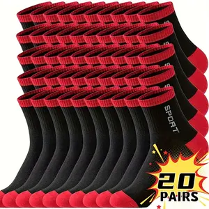 20 Pairs Men's Breathable Sports Socks - Moisture-Wicking All-Season Running & Casual Athletic Socks with Reinforced Heel & Toe, Black/Red Minimalist Design