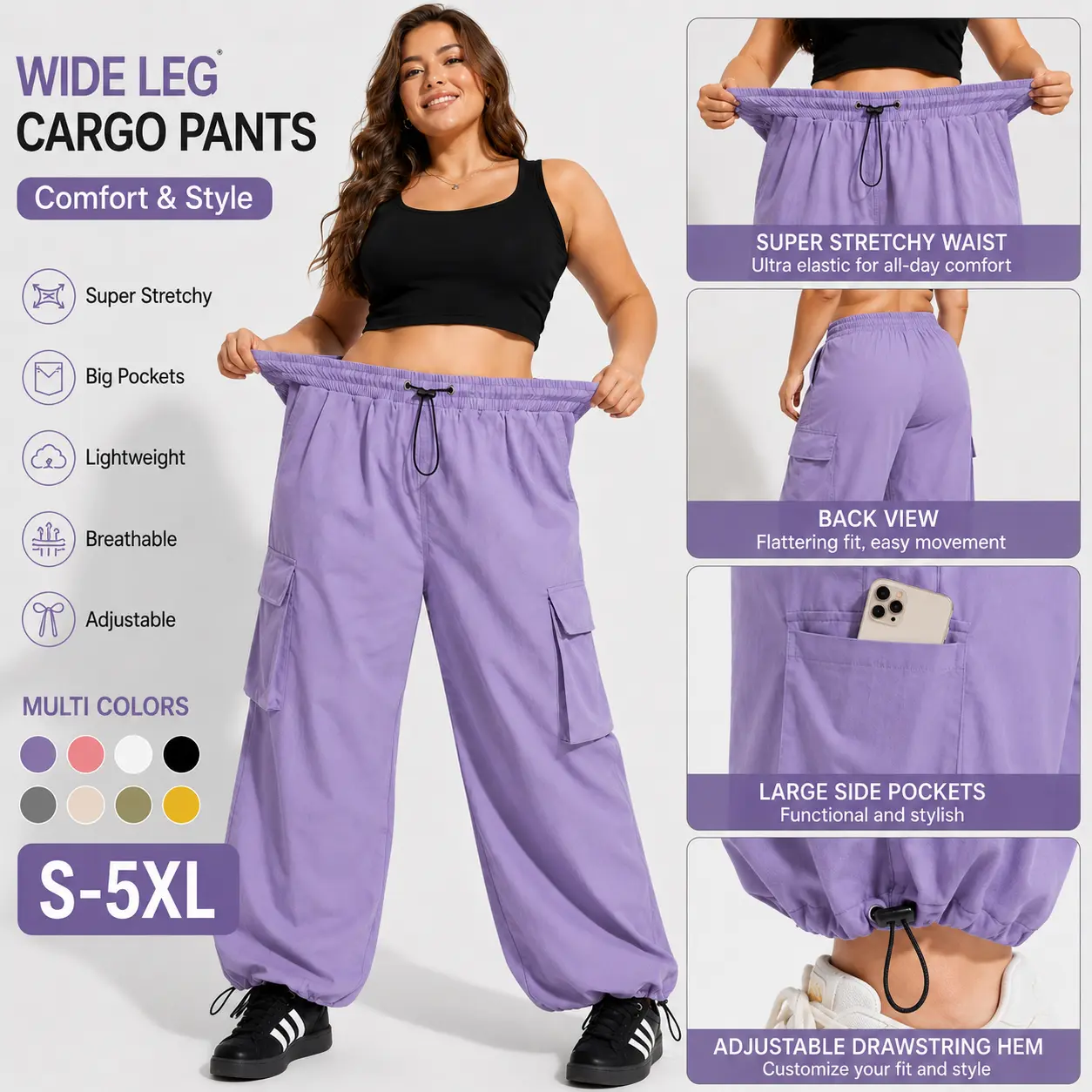 Women's Wide Leg Cargo Jogger Pants S-5XL, Elastic Drawstring Waist, Big Side Pockets, Lightweight Breathable, Adjustable Hem Baggy Casual Sports Trousers