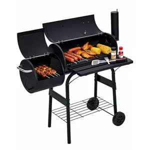 Charcoal Grills with Offset Smoker, Barrel Barbecure Smoker Grill Combo, Outdoor BBQ Grill with Handle and Wheels, for Camping Picnic Patio Backyard Party