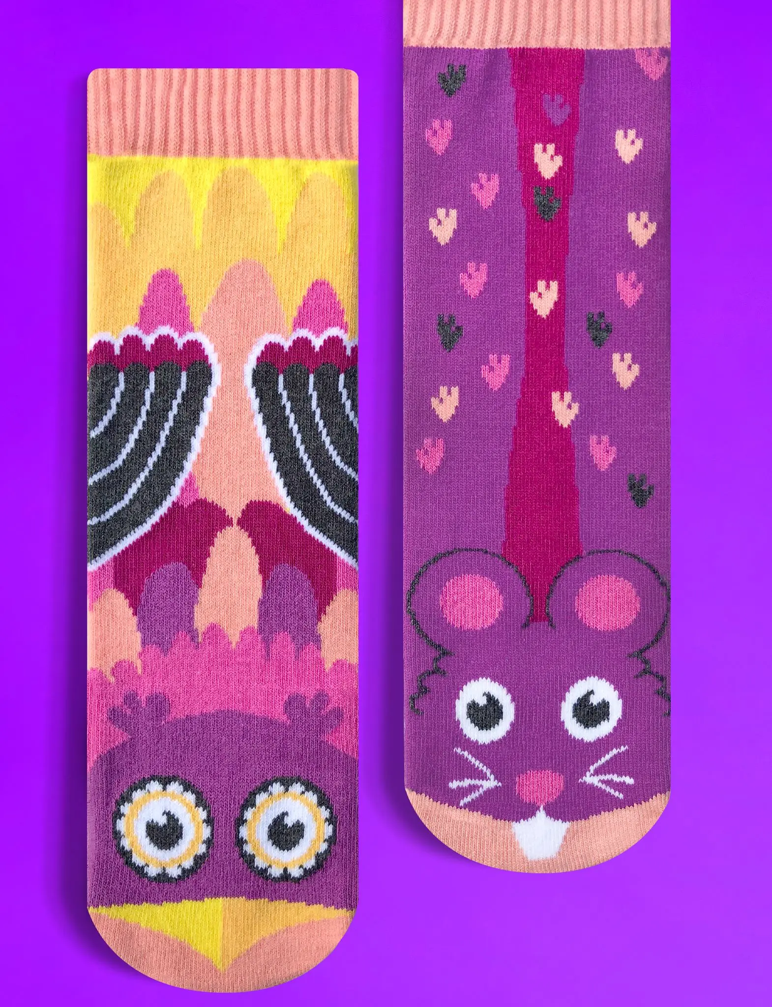 PALS Owl & Mouse Mismatched Socks - Purple & Pink Animal Cartoon Y2K Unisex Crew-Length Tube Socks for All Seasons - Super Stretchy & Cozy - OEKO-TEX® Certified