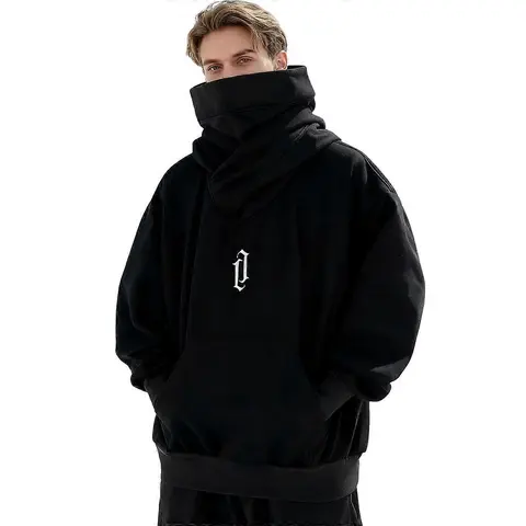 400GMS Unisex Ninja Double Neckline Hip Hop Techwear Harajuku Hoodie, Long-Sleeves, Loose Casual, Pocketed Pullover, Face-covering hoodie