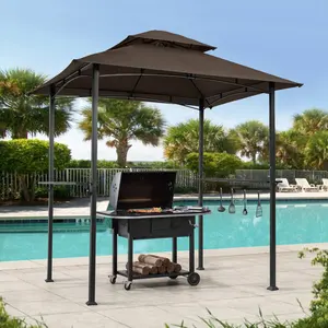 NEWZOME Outdoor Grill Gazebo 8x5 Ft Double Tier Soft Top Canopy Shelter Tent with Steel Frame Hook and Bar Counters Brown BBQ Grill Tent for Patio Deck Backyard Garden Cooking Station Shade Pergola with Ventilated Roof and Storage Space
