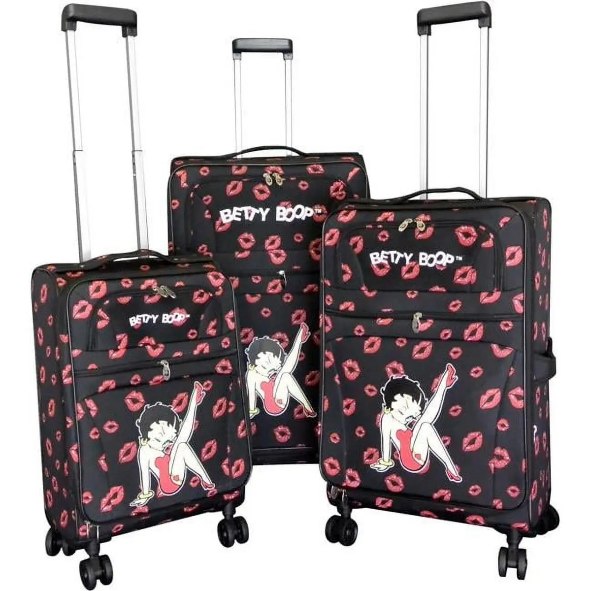 212 MAIN BN001613-7B 3-Piece Expandable Spinner Luggage Set, Black Polyester Fabric, Lightweight Rolling Bag, Betty Print, Playful Design, Expandable Carry On