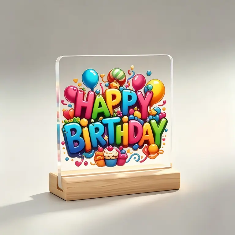 Happy Birthday Acrylic Plaque With Wooden Stand, Colorful Balloon Cupcake Desk Decor, Birthday Keepsake Gift For Friends, Family, Party Table Ornament