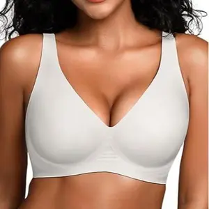 Women's Black jelly bras No Underwire T-Shirt bra Seamless Comfortable Soft Wireless Basic Bridal One Piece Minimalist Everyday Wear with Adjustable Straps Vneck Breathable push up bra Low V Neck