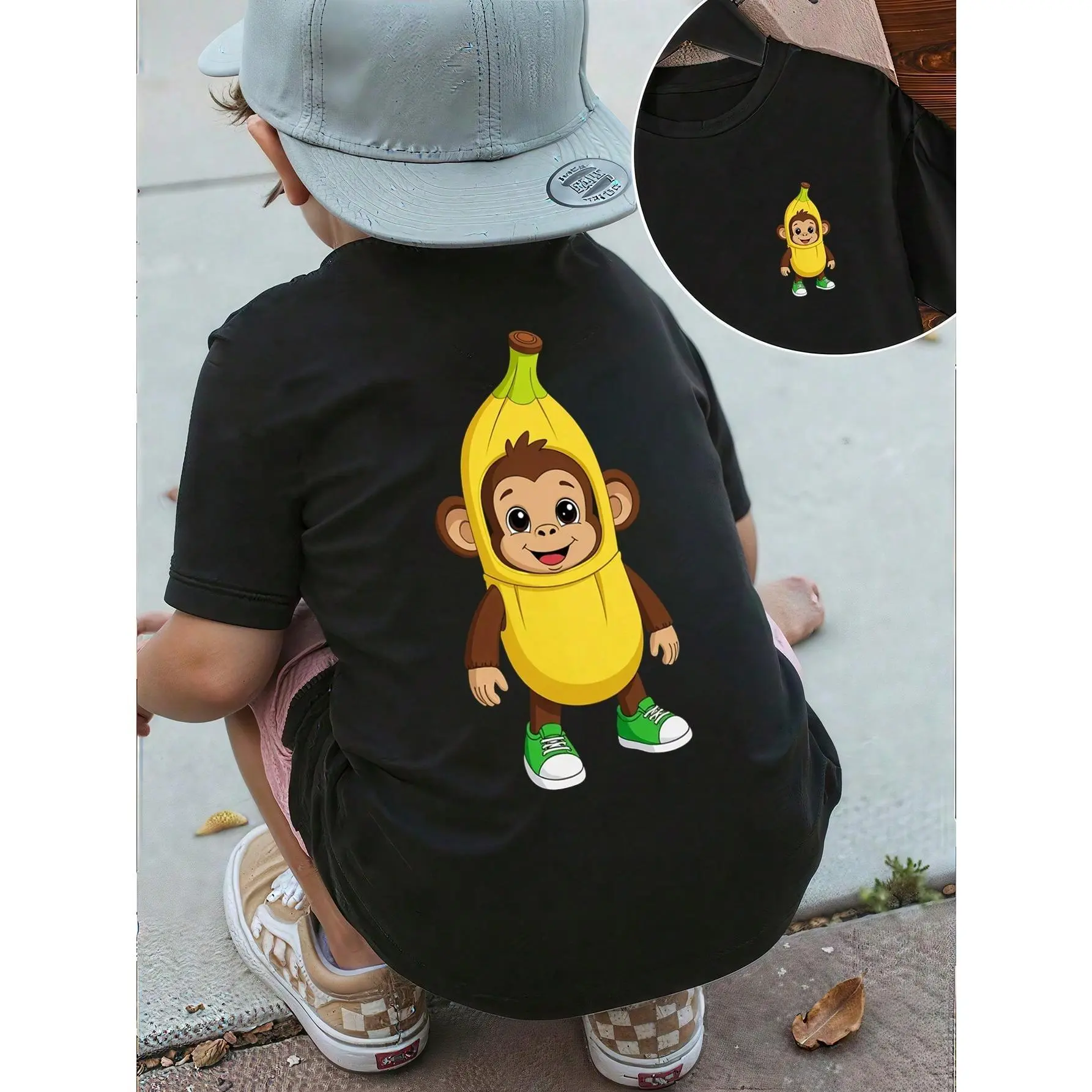 1 PCS Boys Monkey in Banana Costume Graphic T-Shirt, Black T-Shirts with Cartoon Monkey Dressed as Banana, Boys Spring/Summer/Fall Clothes, Halloween & Christmas & Thanksgiving Day & Easter & New Year & Spring Festival
