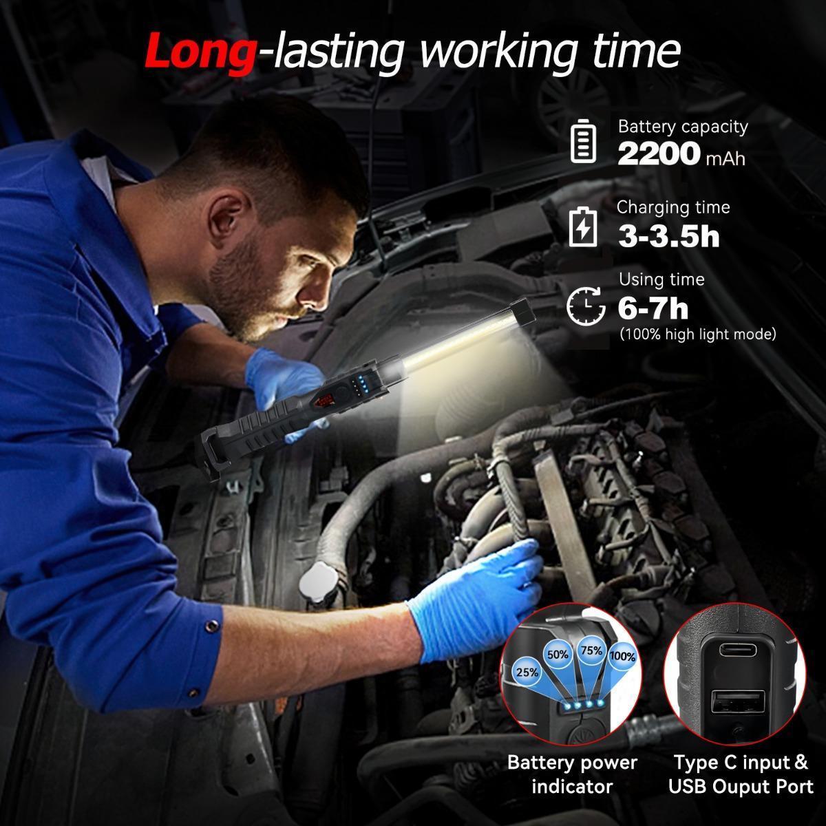 Rechargeable Work Light, LED Work Light with Magnetic Base and Hook, 5 Modes Magnetic Rechargeable Flashlight for Mechanic Car Repair Home, Garage, Emergency, Camping (2-Pack, Black)