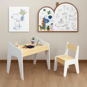 Kids Table Set with One Chair, Wooden Children Study Table, 2-8  Age Kids Funiture , White+Natural