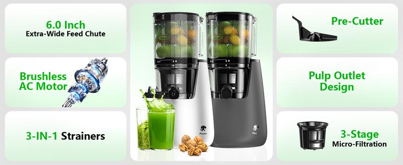 B11 Cold Press Juicer, 6" Extra Wide Feed Chute Slow Masticating Juicer Machine, Powerful AC Brushless Motor, Self Precut System, Easy to Clean, BPA-Free, Extra one Replace juicer strainer